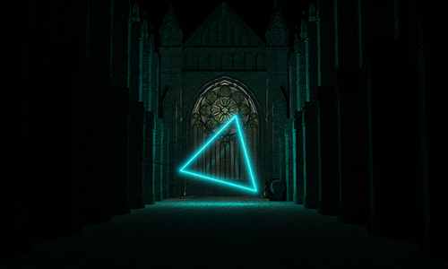 A dark temple leading to a large stain-glass window. In front of it is a gigantic glowing triangular being.