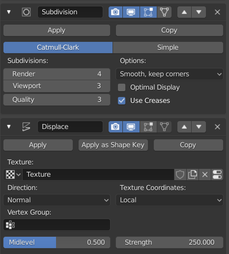 Blender plane modifier settings.