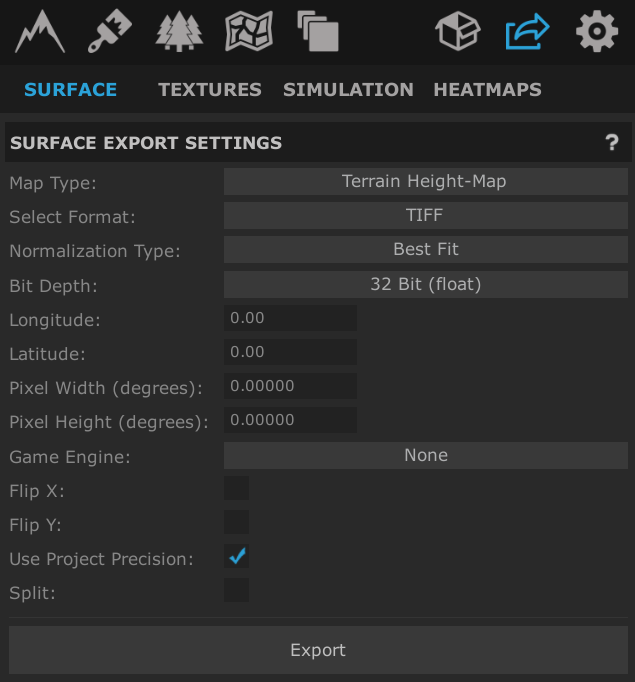 World Creator 2 export settings for the surface terrain.