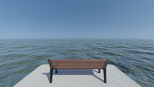 A bench sits on a textured concrete protrusion above the sea, staring out into infinity.