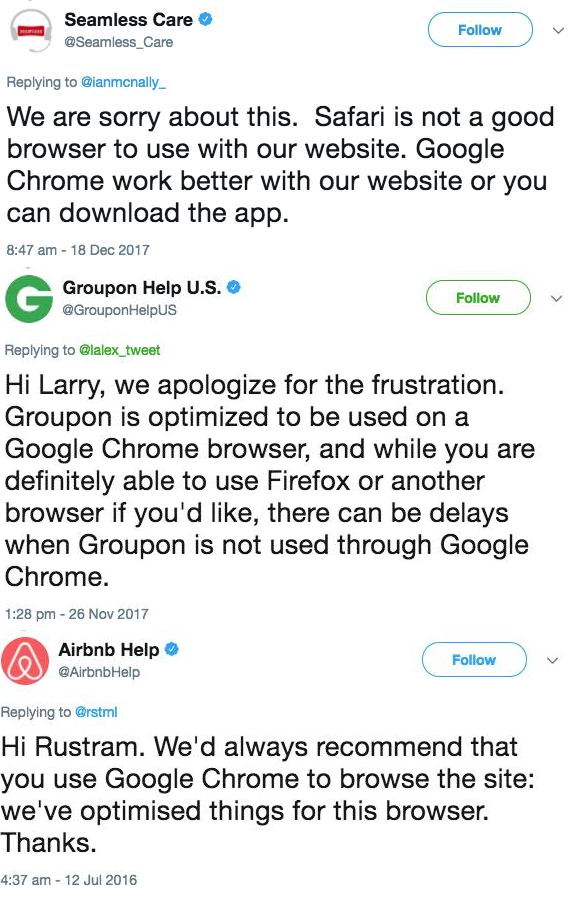 A series of three tweet screenshots from Seamless Care, Groupon, and Airbnb, which are all responses to uses telling them to use Google Chrome as their websites might not work on browsers like Firefox or Safari.