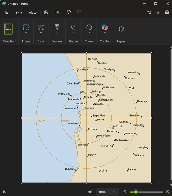 MSPaint on Windows 11 opened with each layer from a rain radar pasted over showing the WA coastline near Perth, a set of labels for all the major cities, suburbs, towns, and a range reticle with markings at 50km and 100km.